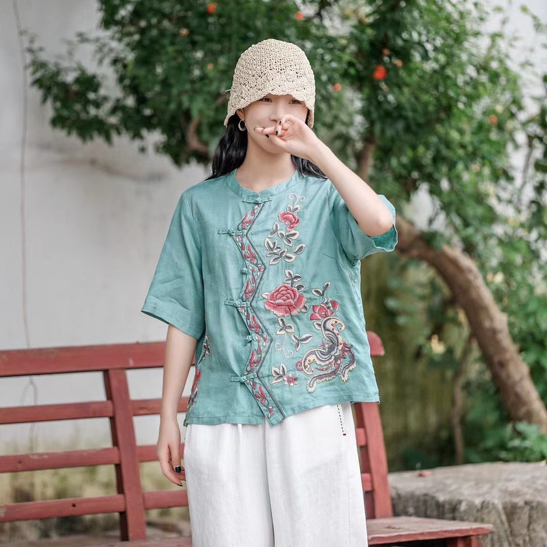 Embroidered Linen New Casual Disc Button Stand Collar Top