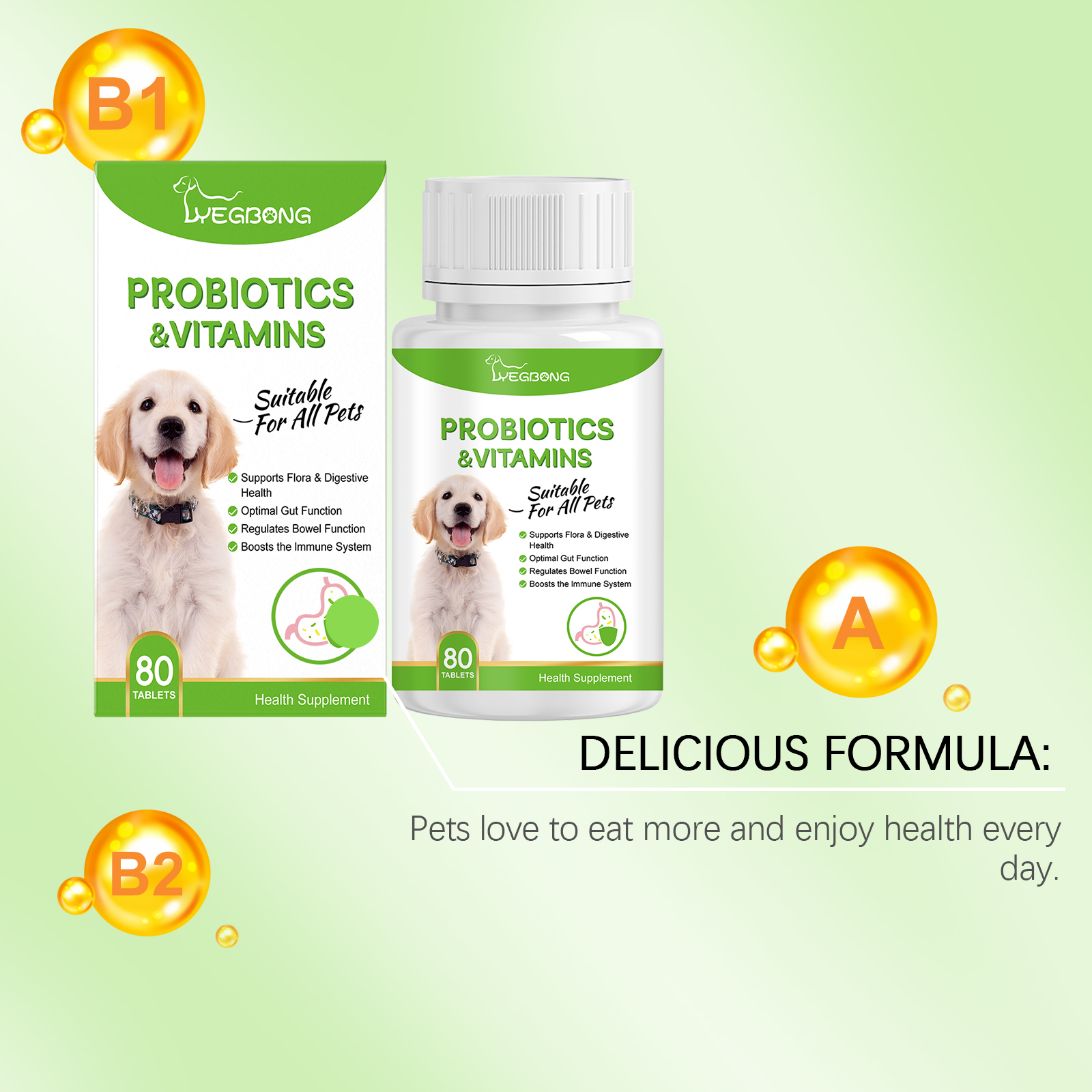 Pet Probiotics & Vitamin Tablets For Dogs & Cats, Gut Health Supplement, Support Digestion & Immune System, 80 Chewable Tablets — foto 2