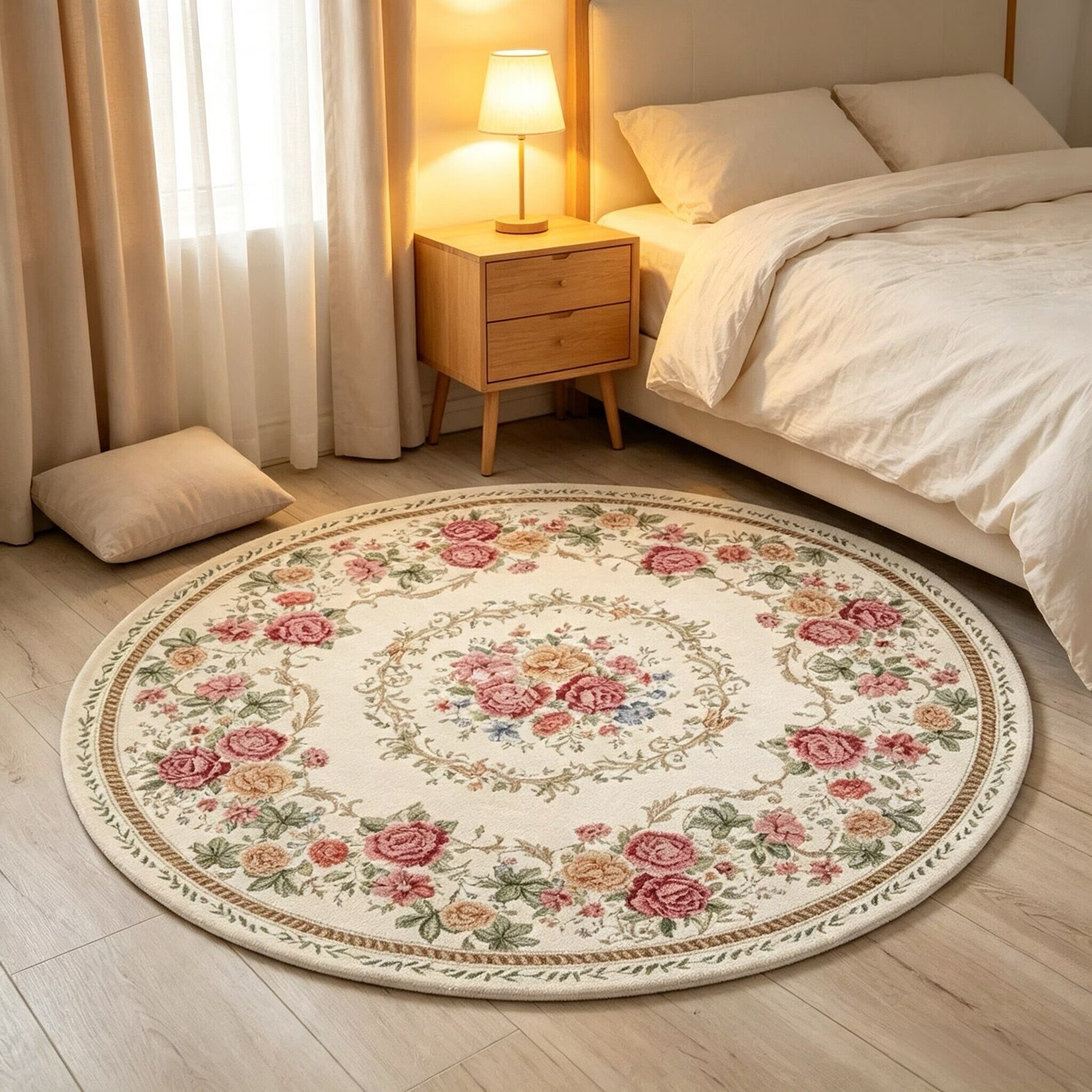 1pc French Pastoral Style Floral Pattern Round Carpet, Suitable For Decorating Living Rooms And Bedrooms