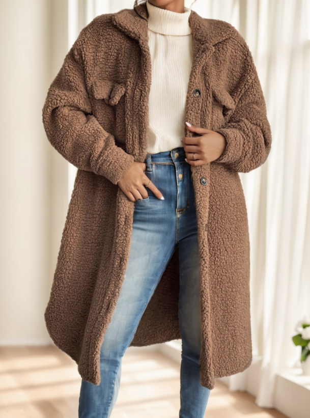 Calvaya Drop Shoulder Flap Detail Teddy Coat
