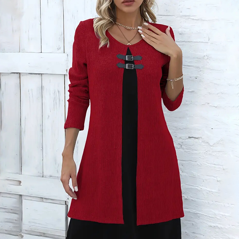 Women's Color Block Midi Dress, Long Sleeve Faux Two Piece Daily Dress Wine - Shop at LoveMi
