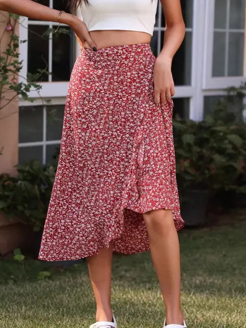 Women Ditsy Floral Midi Skirt High Waist a Line