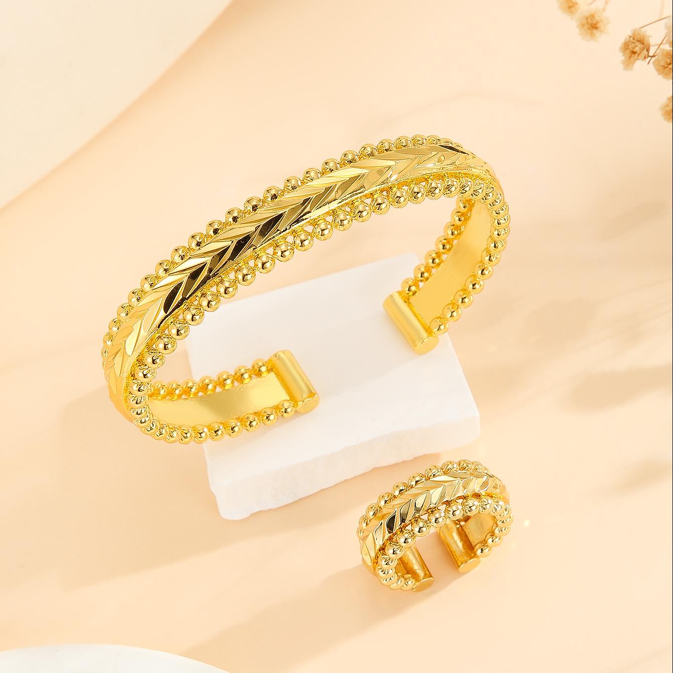 2pcs Vintage Gold Plated Bracelet, Open Bracelet Ring Jewelry, Women's Festival Wedding Jewelry Set — foto 4