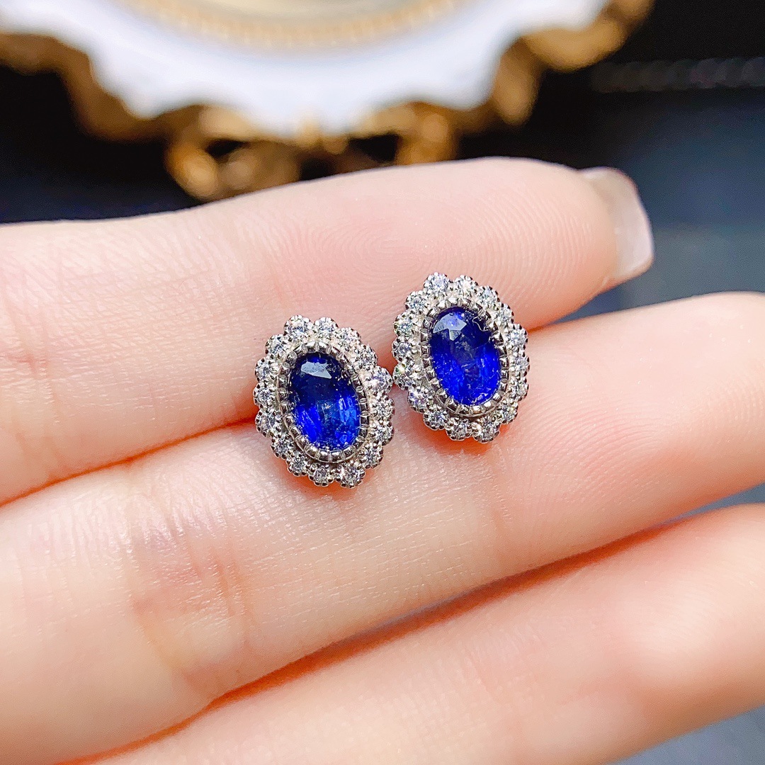 Title 5, Natural Sapphire Stud Earrings S925 Silver Inla...