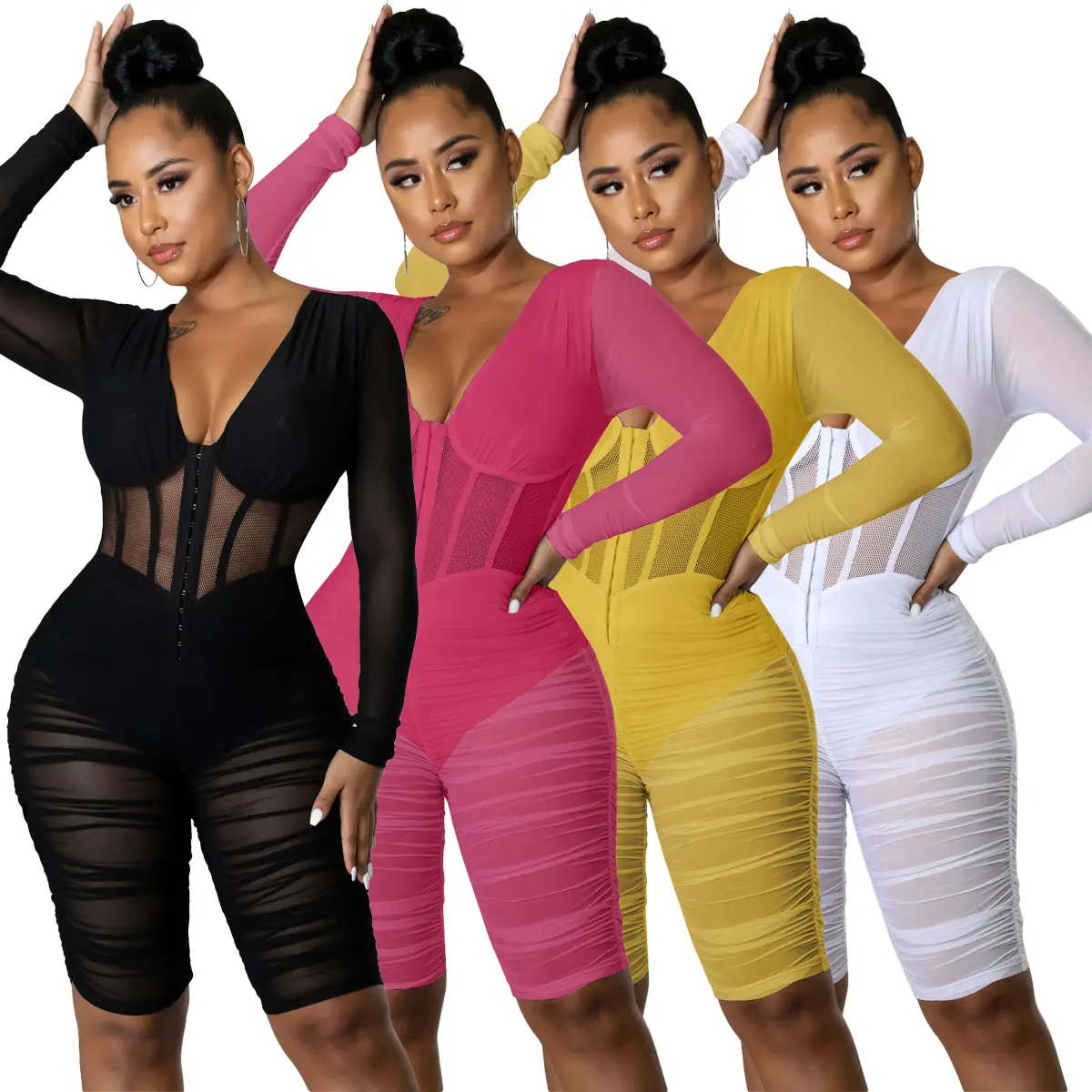 Mesh Panel Pleated Chest Wrap Casual Jumpsuit