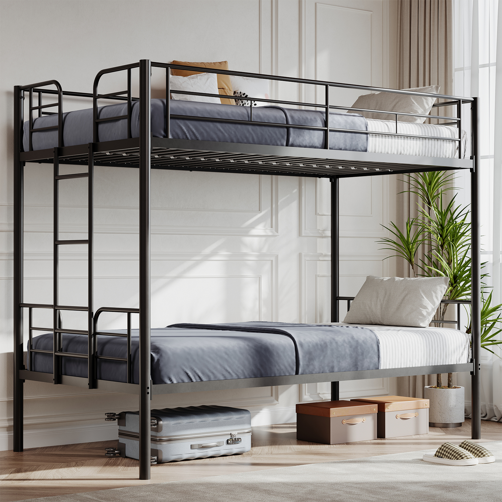 Metal Double-layer Bed With Stairs And Safety Railings, Sturdy Steel Frame, No Need For A Mattress, Double-layer Bed That Saves Space - Image 1