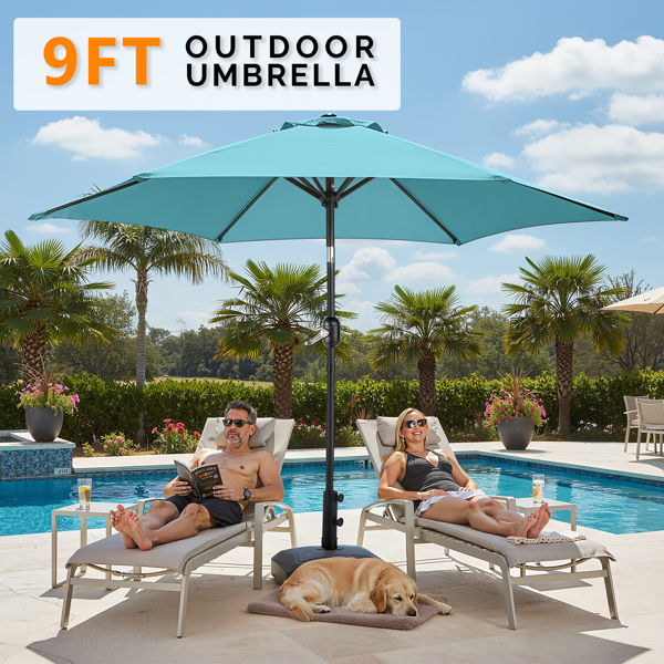 9ft Patio Umbrella, Outdoor Market Umbrella With Push Button Tilt, Crank Handle, 6 Sturdy Iron Ribs, UPF Waterproof Polyester Canopy, KD Design For Garden, Deck, Backyard, Poolside, Sky Blue - Image 6