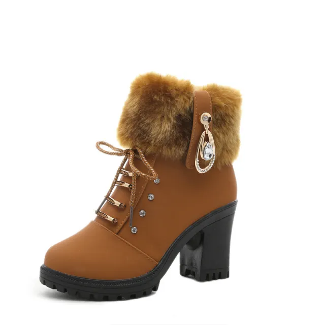 Plush Martin Boots With Lace Up High Heels Brown - Shop at LoveMi
