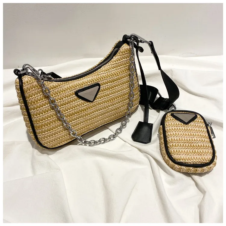 Straw Bag Female Summer French Niche Design Three-in-one Single Shoulder Messenger Woven Bag - Black