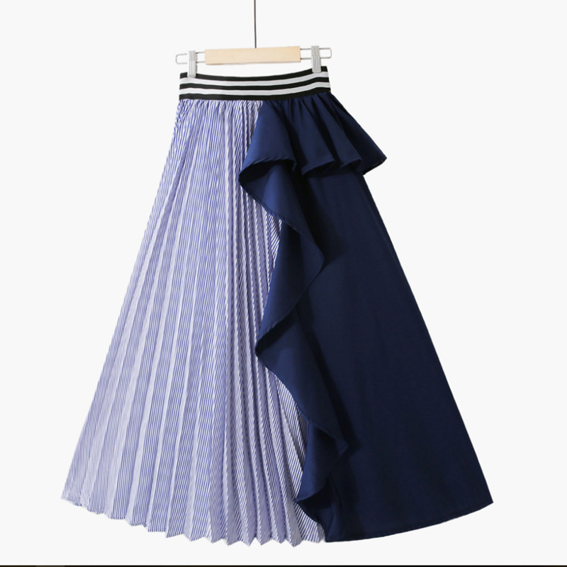 New Contrast Color Stitching High waist Striped Ruffled Long Skirt Blue - Shop at LoveMi