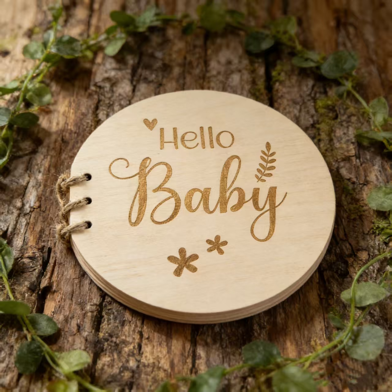 Hello Baby Round Wooden Baby Shower Book, Laser Engraved Natural Wood Newborn Guest Book, Rustic Circular Sign Notebook For Gender Reveal Maternity Photography Prop Nursery Decor Gift