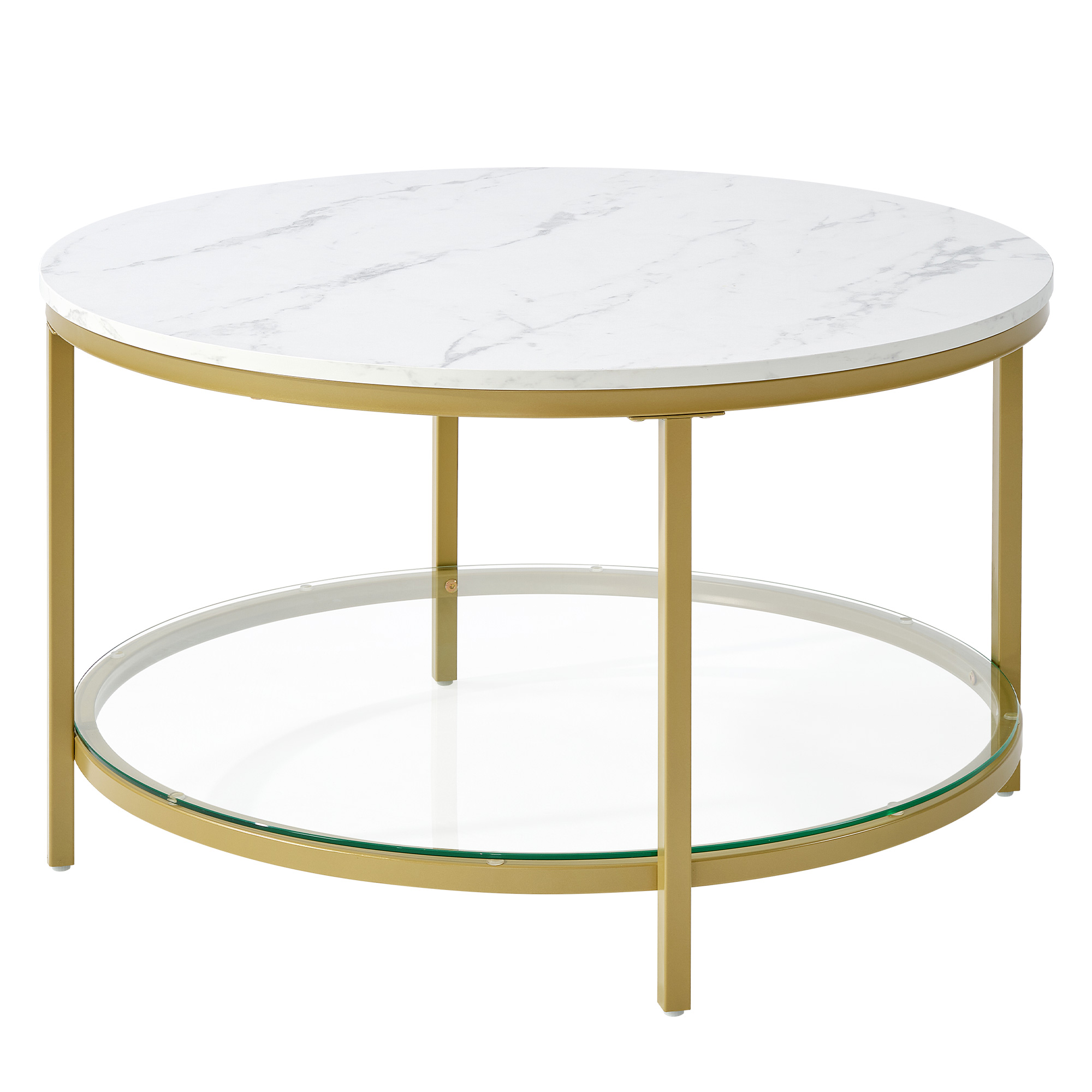 The Living Room Features A Marble Circular Glass Coffee Table, And A Double-layer Circular Transparent Coffee Table With Storage Function.