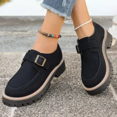 Fashion Buckle Loafers For Women British Style Height-increasing Thick-soled Casual Shoes - Black - View 1