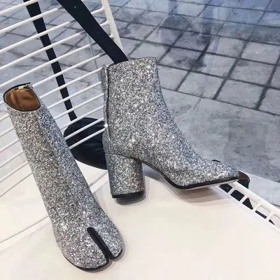 Split Toe Boots Women's Horseshoe High Heel Ankle Boots Pig Mid leg Boots Silver - Shop at LoveMi