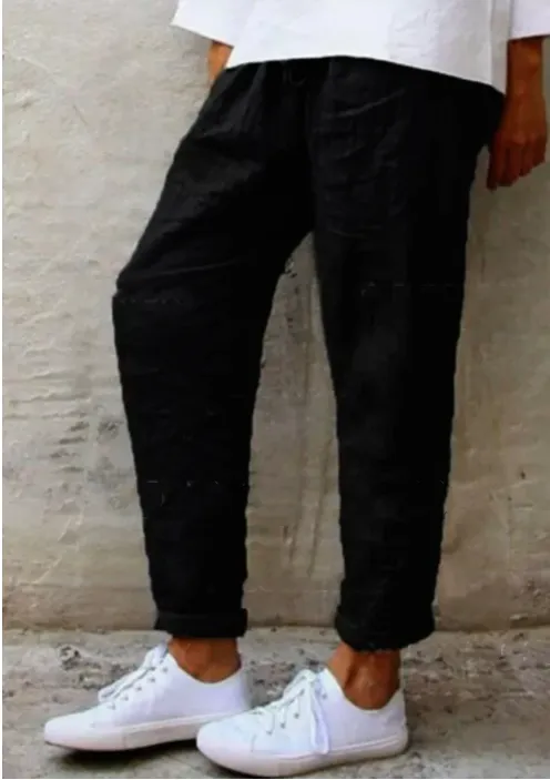 Drawstring Solid Color Cotton And Linen All-match Harem Pants - Black