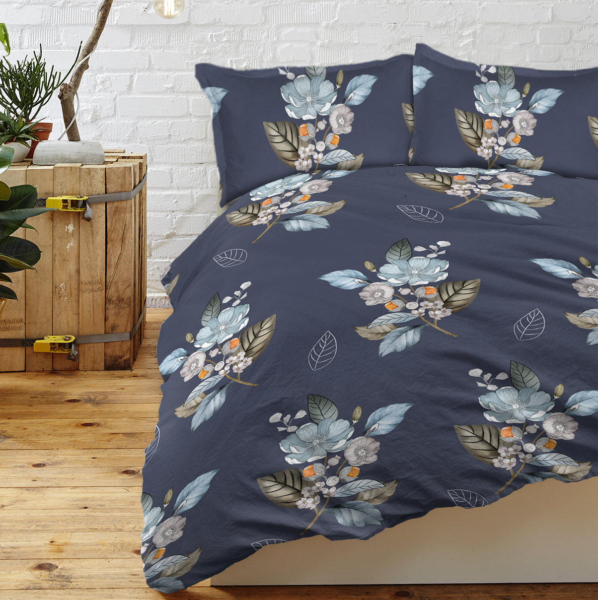Floral Duvet Cover Set 3 Pieces Bed In A Bag, Flower Print On Blue Bedding Set, Soft Microfiber Bedding Set For All Season