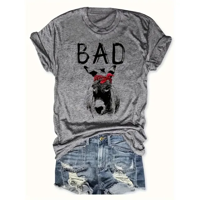 Women's Animal Letter Print Casual Short Sleeve T Shirt Round Neck Summer Tee Gray - Shop at LoveMi