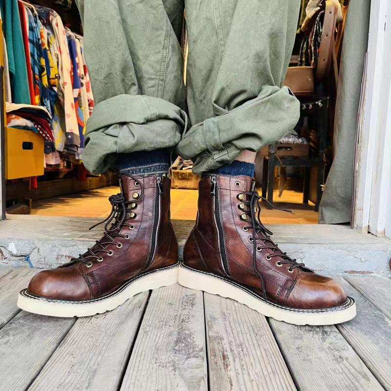 British Style Plus Velvet Leather Mid-top High-top Leather Boots