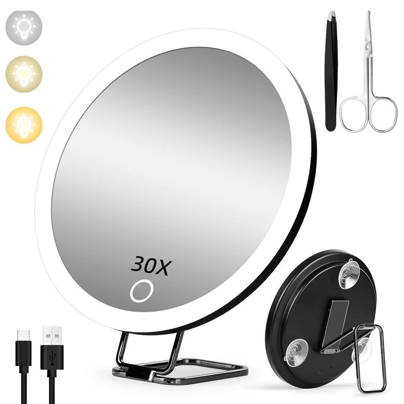 30X Magnifying Mirror With Lights, Large 6'' Makeup Magnifying Mirror, 3Lighted
