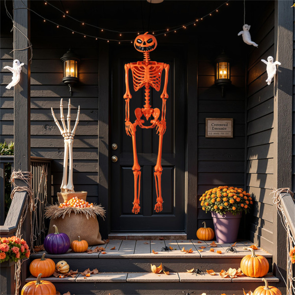 5.5ft Life-Size Halloween Skeleton with Pumpkin Head - Orange Color, Fully Poseable Joints (Jaw/Shoulders/Knees), PP+PE Material-18