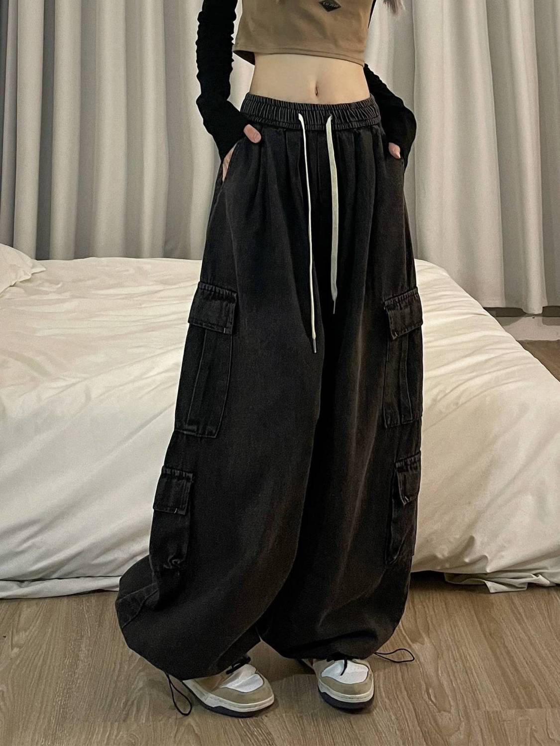 Jeans Tooling Loose Wide Leg Pants Women Black - Shop at LoveMi