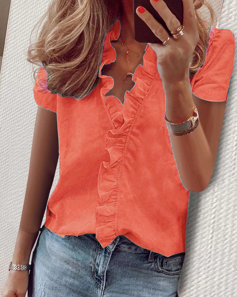 Title 2, European And American Short Sleeve Ruffle Blouse