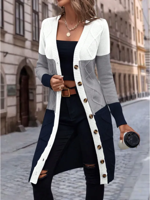 ROSE Color Block Dual Pocket Button Front Cardigan Grey - Shop at LoveMi