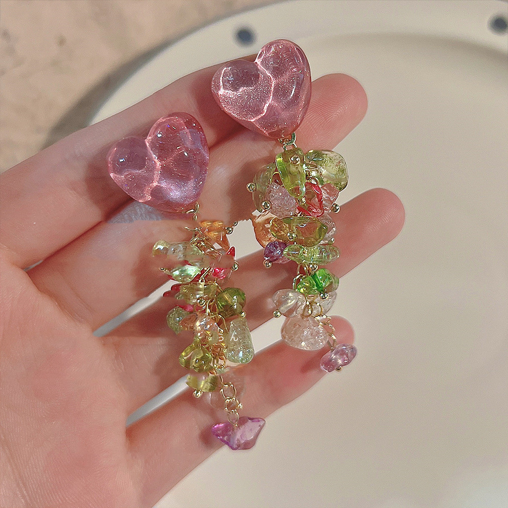 Handmade Sweet Glass Crystal Silver Pin Mixed Color Long Tassel Earrings