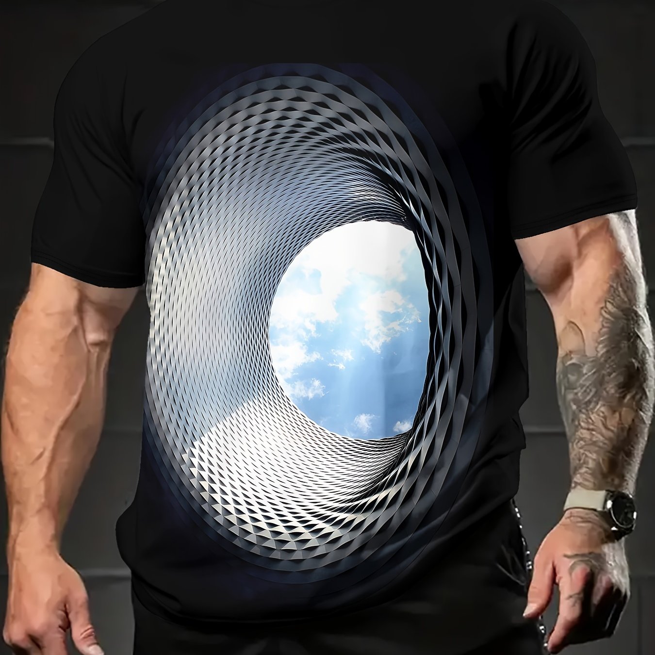 Men's 3D Hole Graphic Printed Round Neck Short Sleeved T-shirt, Casual Summer T-