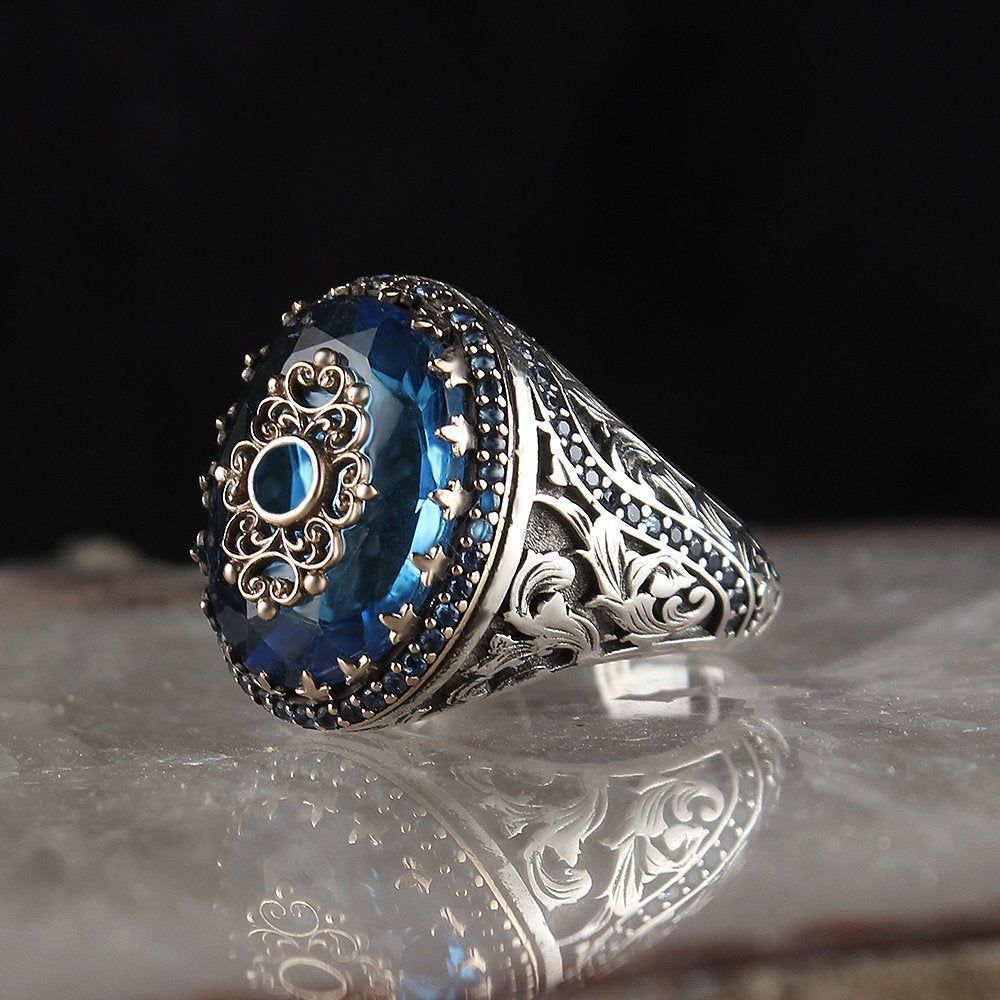 European And American 925 Silver Plated Blue Zircon Ring Gemstone