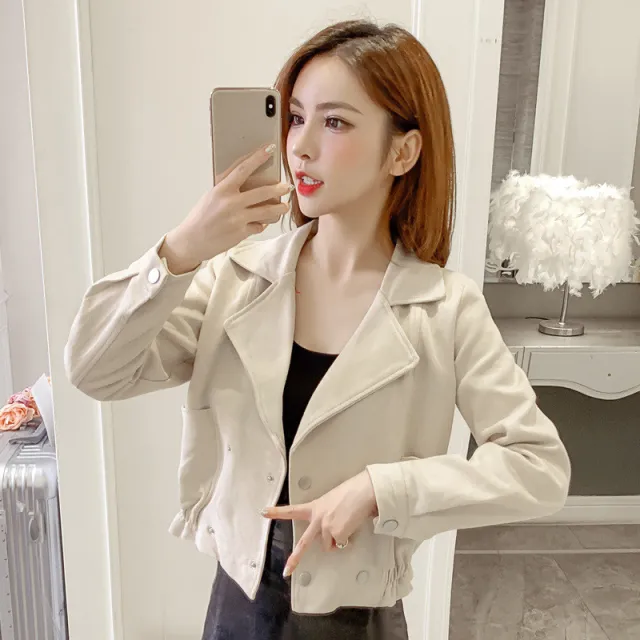Double breasted waist long sleeve short coat White - Shop at LoveMi