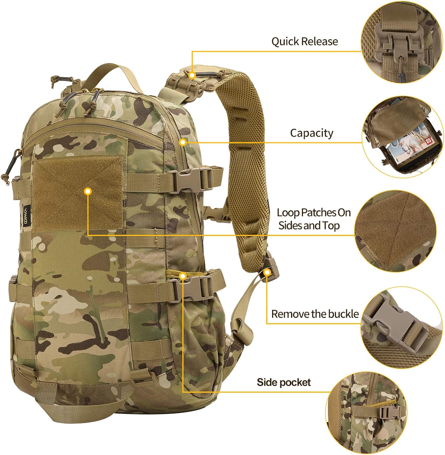 Tactical military hiking backpack pack made from high-strength, water-repellant 500D nylon. Features external front and side web molle, adjustable and detachable shoulder strap, and 20L capacity with multiple compartments. Ideal for outdoor activities suc