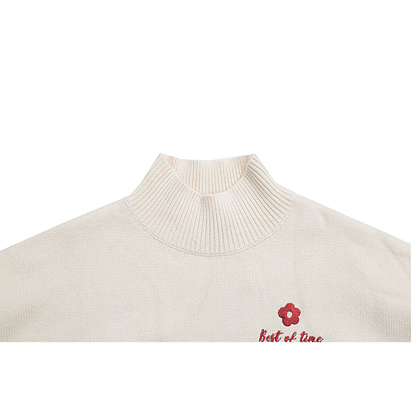 Title 4, Pullover Sweater Flower Embroidery Stand-up Col...