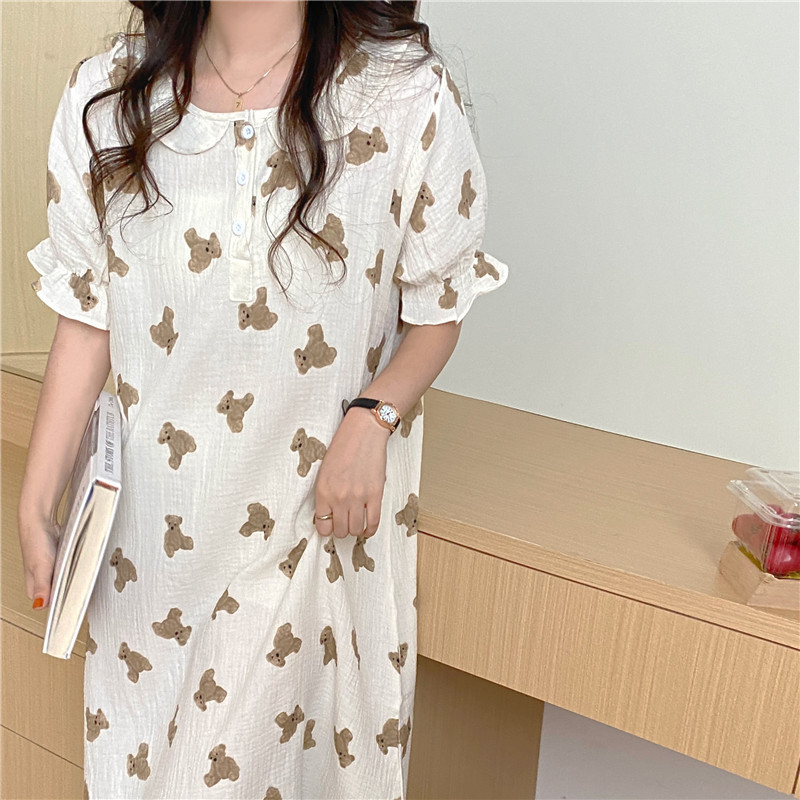 Ladies Short Sleeve Cute Cartoon Bear Print Nightdress