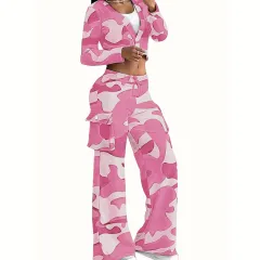 Women's Camouflage Print 2-Piece Set, V-Neck Single Button Crop Top & Drawstring Cargo Pants For Spring Fall - Pink - View 1