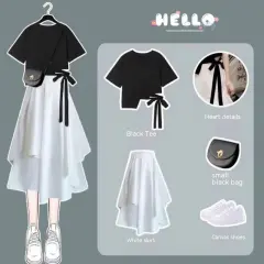 Korean Style Loose Short Sleeve T-shirt Skirt Suit - Black Coat Skirt Two Piece Set - View 1