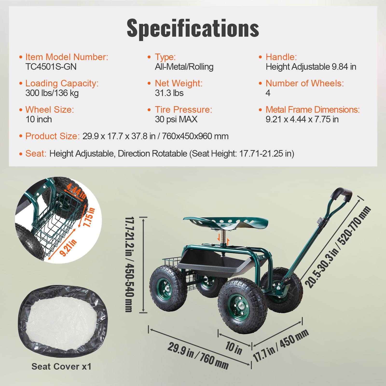 VEVOR Garden Cart Rolling Workseat With Wheels, Gardening Stool For Planting, 360 Degree Swivel Seat… image 3