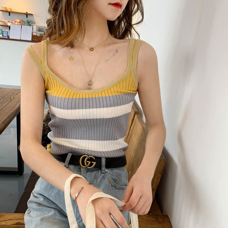 Knitted Camisole Women'S Outer Wear Ice Silk Inner Sleeveless Striped Bottoming Shirt