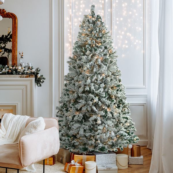 7 FT Pre-lit Snow Flocked Christmas Tree, Artificial Hinged Xmas Pine Tree With 1000 Branch Tips, 400… image 7