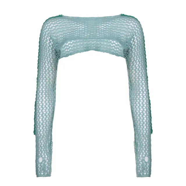 Ladies Vintage Fashion Knitted Cropped Blouse Blue - Shop at LoveMi