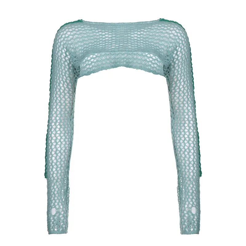 Ladies Vintage Fashion Knitted Cropped Blouse - Blue