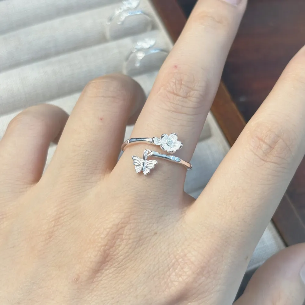 1pc 999 Sterling Silver Bamboo Flower And Butterfly Charm Open Ring, Fresh Style, Perfect For Daily Wear And Valentine's Gift