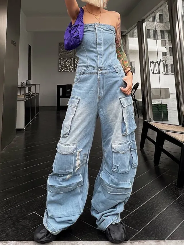 Tube Top Cinched Waist Body Pants Blue - Shop at LoveMi