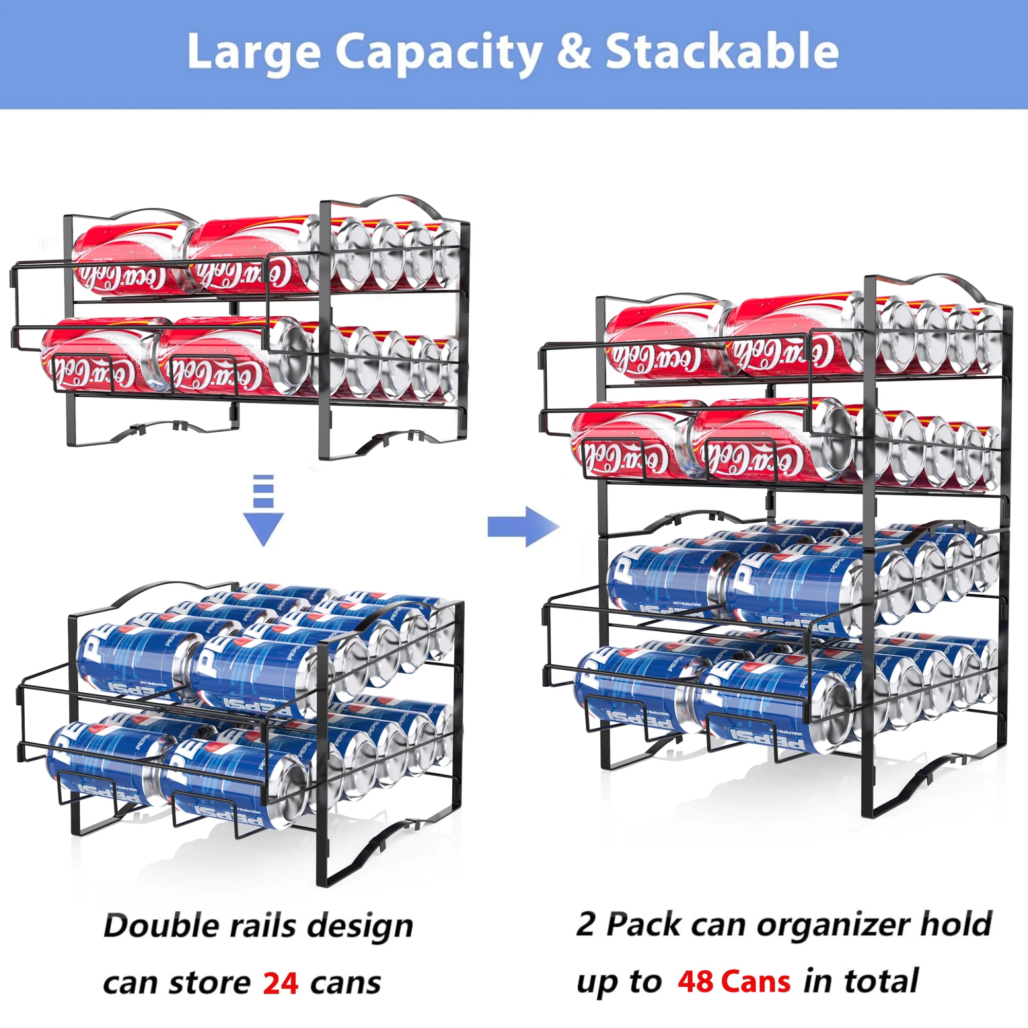 4 Tiers Can Organizer Rack, 48 Cans Soda Can Dispenser Organizer For Refrigerator, Set Of 2 Stackable Beverage Dispenser Rack 4