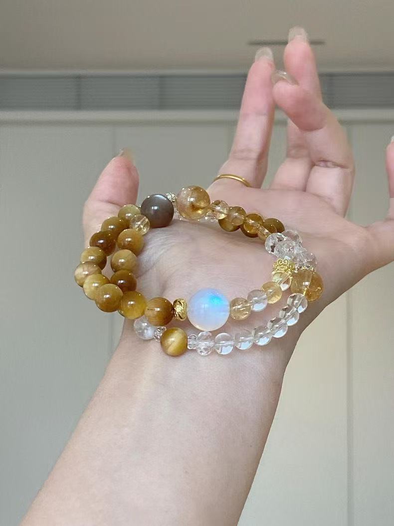 Natural Tiger Eye  Moonstone Bracelet Clear Quartz Multi Layer Beaded Chain Energy Jewelry For Women
