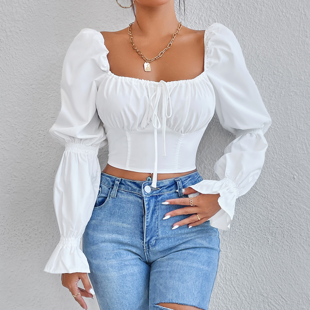 Pure White Long Sleeve Shirt With Lace Up Front And Zippered Back White - Shop at LoveMi