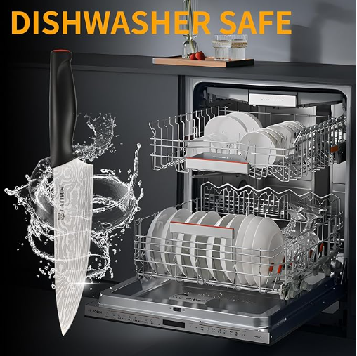 Damascus Pattern 15-Piece Kitchen Knife Set With Block, High Carbon Steel Chef Knife, Includes Sharpener And Scissors, Ergonomic Black Anti-Slip Handle And Red Trim, Perfect For Professionals 5