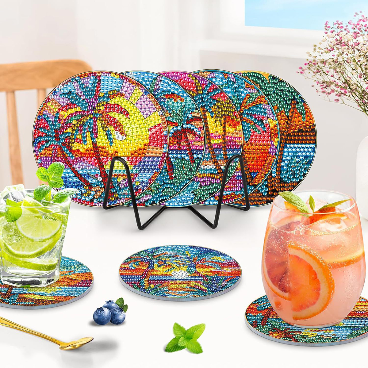 Diamond Art Drawing Coaster With Bracket, DIY Landscape Pattern Diamond Art Coaster, Suitable For Adults And Beginners Diamond Drawing Kit, Diamond Kit Craft Supplies, Exquisite Gifts For Fri