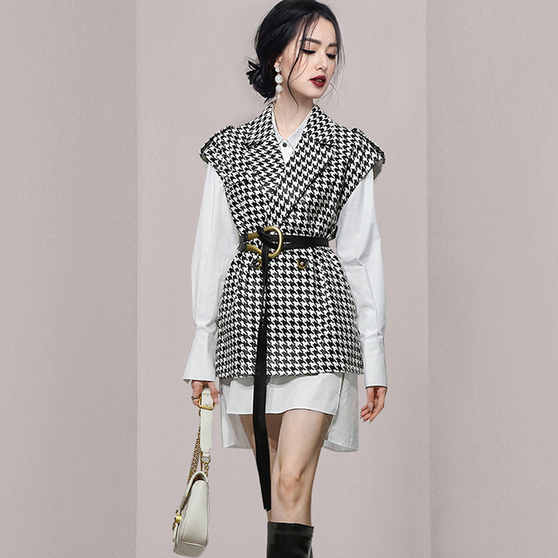 Women's New Fashion White Shirt Skirt Houndstooth Two-piece Vest