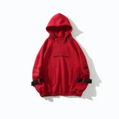 High Street Hooded Loose Letter Embroidered Sweatshirt - Red - View 1